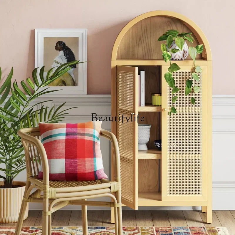 

09American light braided rattan arched bookcase modern simple living room storage cabinet