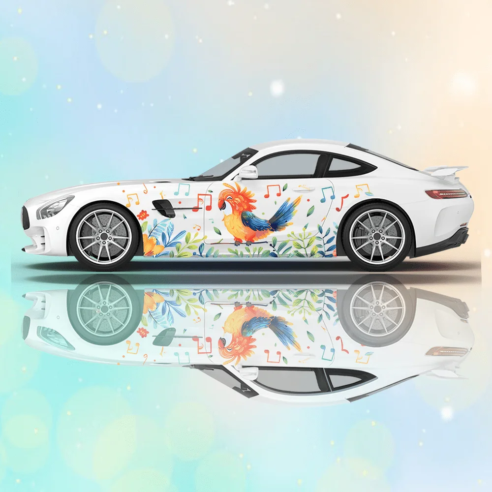 Colorful Parrot Music Grass Car Vinyl Wraps Decal Self-adhesive PVC Sticker Suitable for Trucks SUV Decoration Auto Accessories