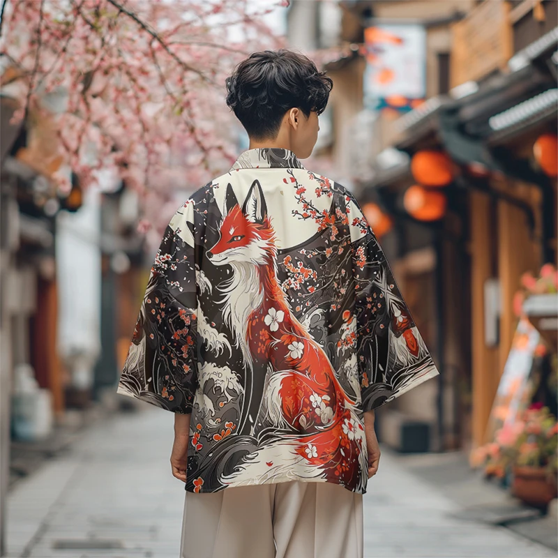 

Fashion Cardigan Robe for Cosplay Streetwear Tops 2025 Summer Anime Flower Fox Print Japanese Haori Men Women Kimono 4XL 5XL 6XL
