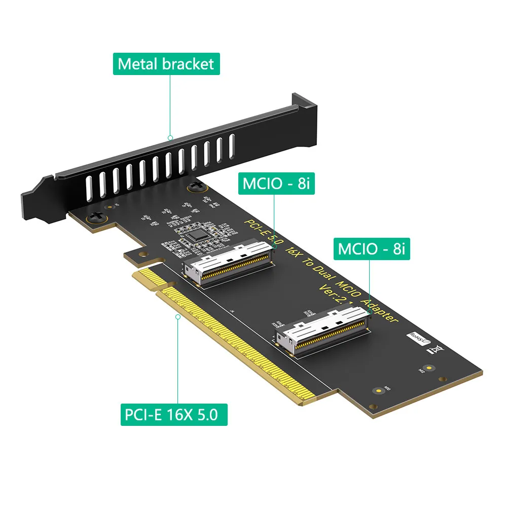 Gen5 PCIE X16 to 2x MCIO 8i 74Pin Controller Card VROC Supported U.2 NVMe SSD Server Hard Drive Expansion Adapter SFF-TA-1016