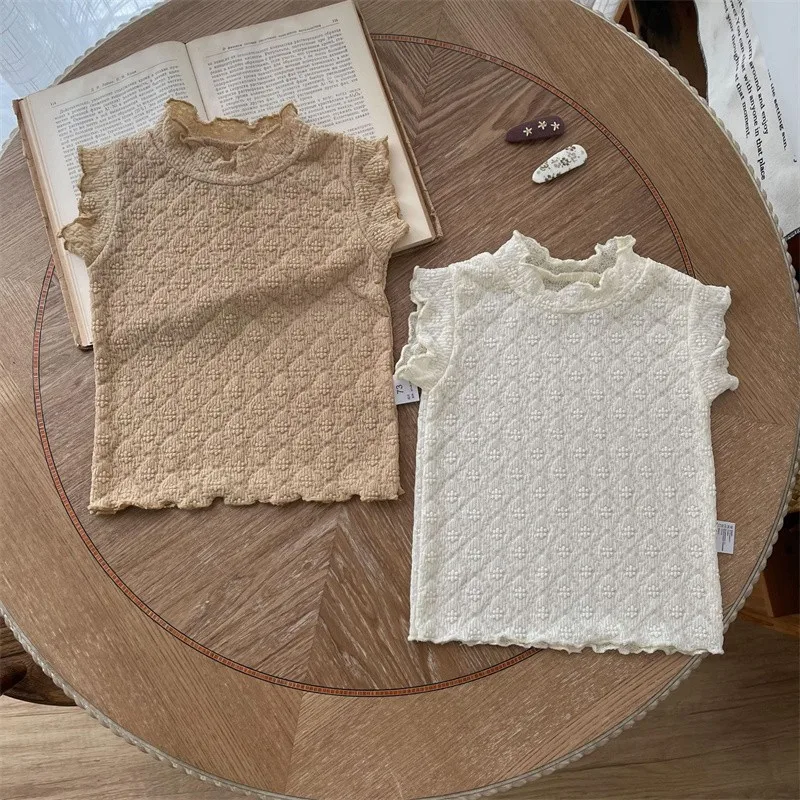 2024 Summer New Baby Lace Ear Edge Sleeveless Tank Top Girls Sweet Elastic Soft T-shirt Kids O-neck Beige Light Coffee Clothes