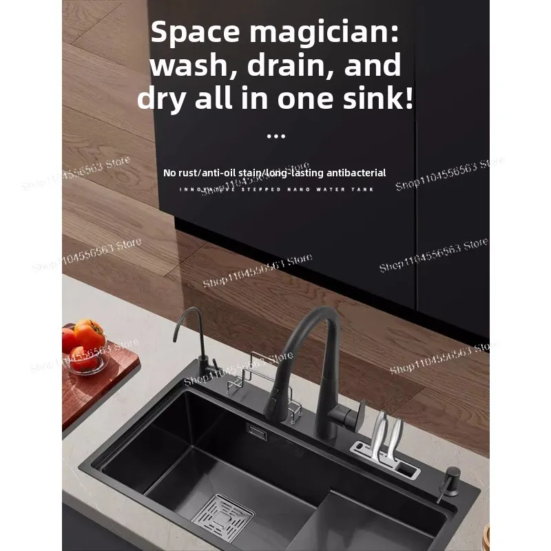 Nano Black Diamond Step-Type Large Single Sink, Handmade Stainless Steel Kitchen Sink, for Undermount & Drop-In Installation