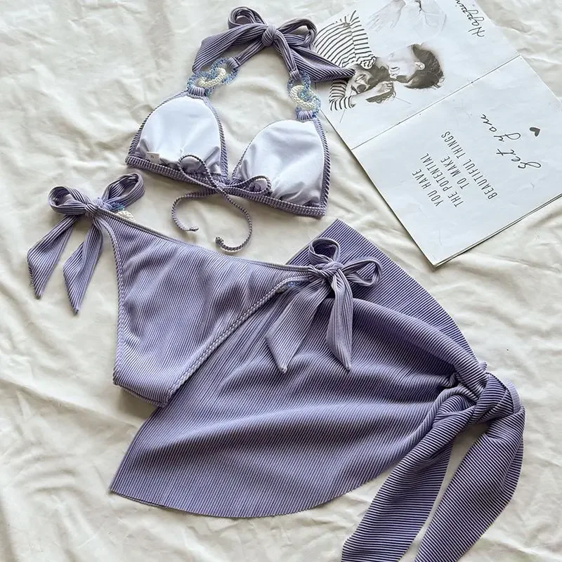 

Sexy Purple Micro Bikini 2024 Women Swimsuit Halter Three Pieces Swimwear Korean Beach Wear Bathing Suit Swimming Thong Biquini