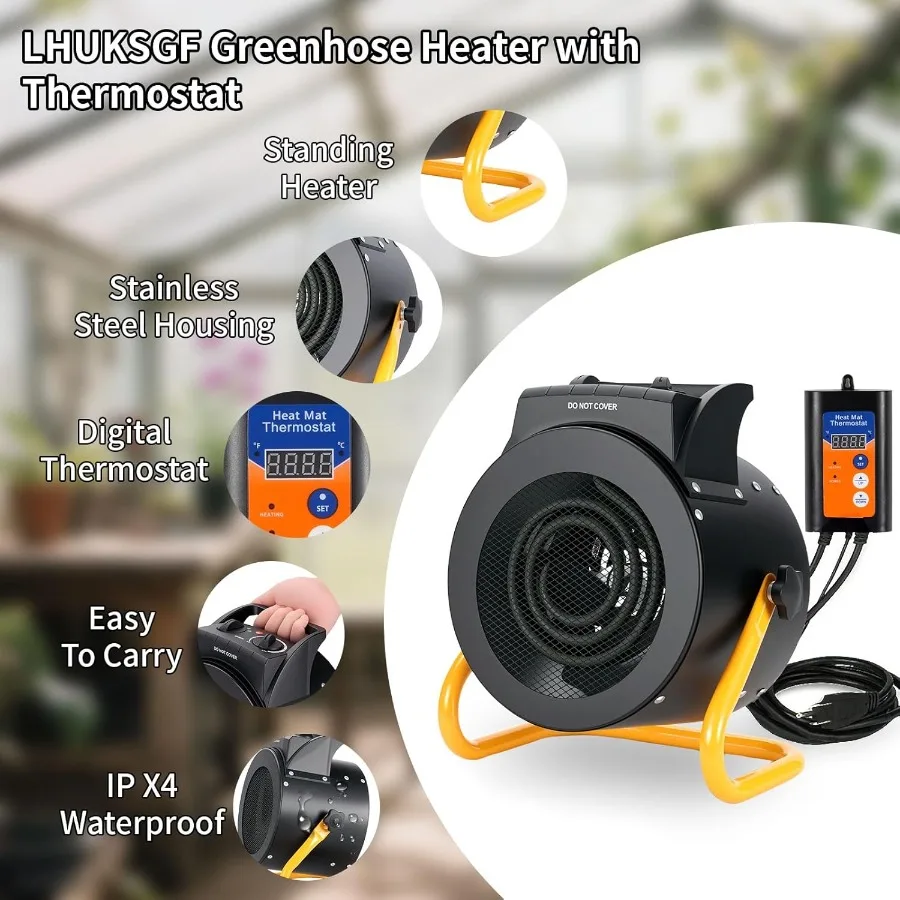 سخان الدفيئة مع ترموستات رقمي 1500 واط/750 واط سخان خيمة النمو الكهربائي IPX4 مقاوم للماء حماية من الحرارة الزائدة تسخين سريع