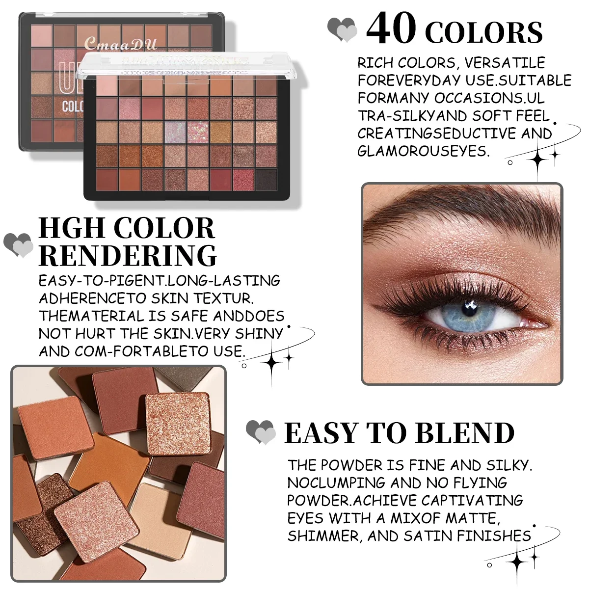 Paleta de sombras de 40 cores, pérola cremosa de alta pigmentação, à prova d'água de longa duração, cosméticos de maquiagem profissional