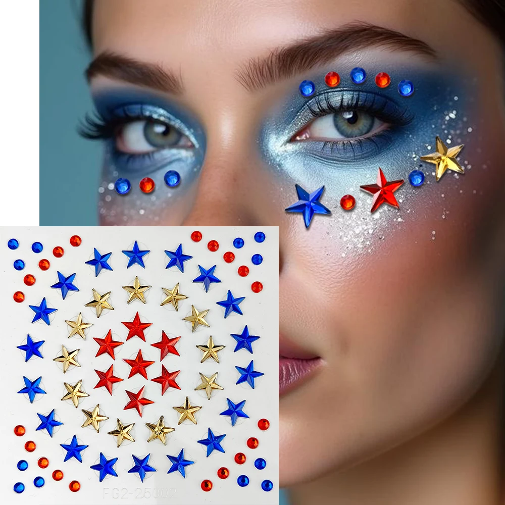 

1Sheet 3D Sparkle Star Face Stickers Red Blue Gold Pentagram Crystal Temporary Tattoos for Festival Party Body Art Decorations 1