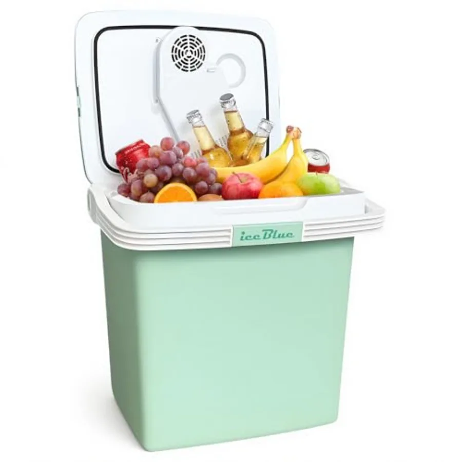 26 Liters Mini Fridge for Home and Car with Automatic Locking Handle 120V AC Power Cord 12V Car Adapter Green Electric Cooler f