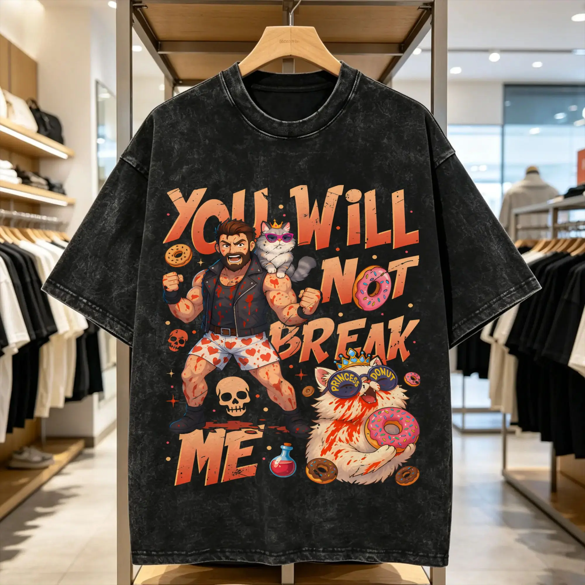 You Will Not Break Me Men's T Shirt Washed Dungeon Crawler Carl  Humorous Short Sleeve Crew Neck T-Shirts Cotton Summer Clothing
