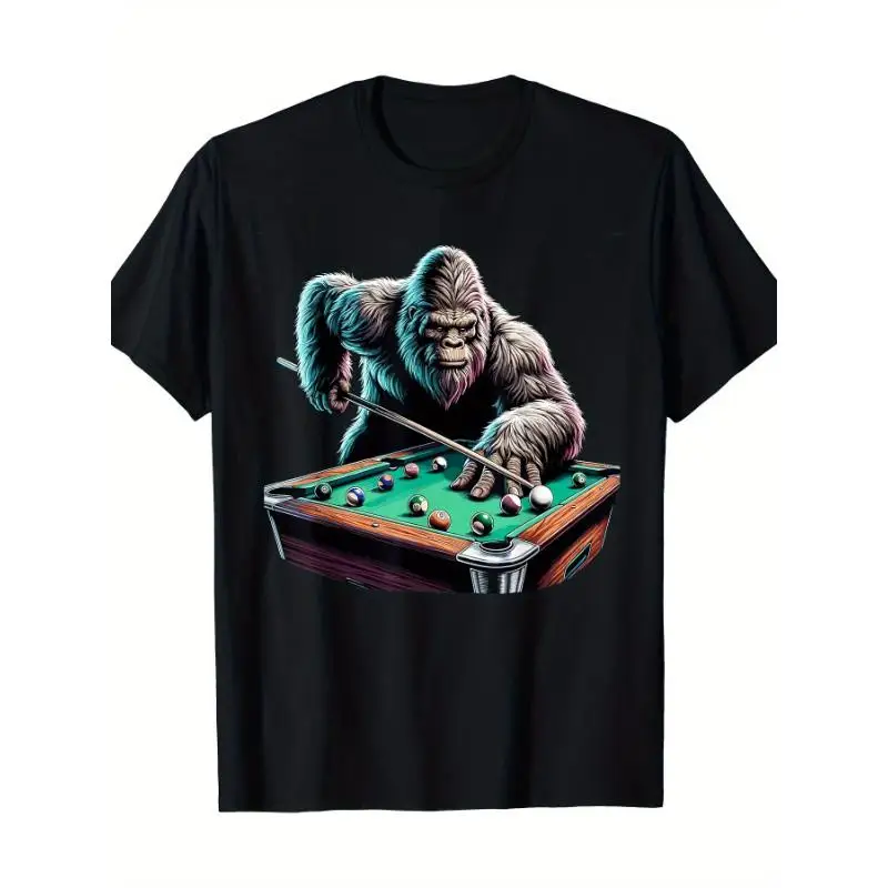 

Unisex Funny Gorilla T-shirt, Humorous Billiards Player Graphic Tee, Unique Animal Playing Pool Casual Short Sleeve Top