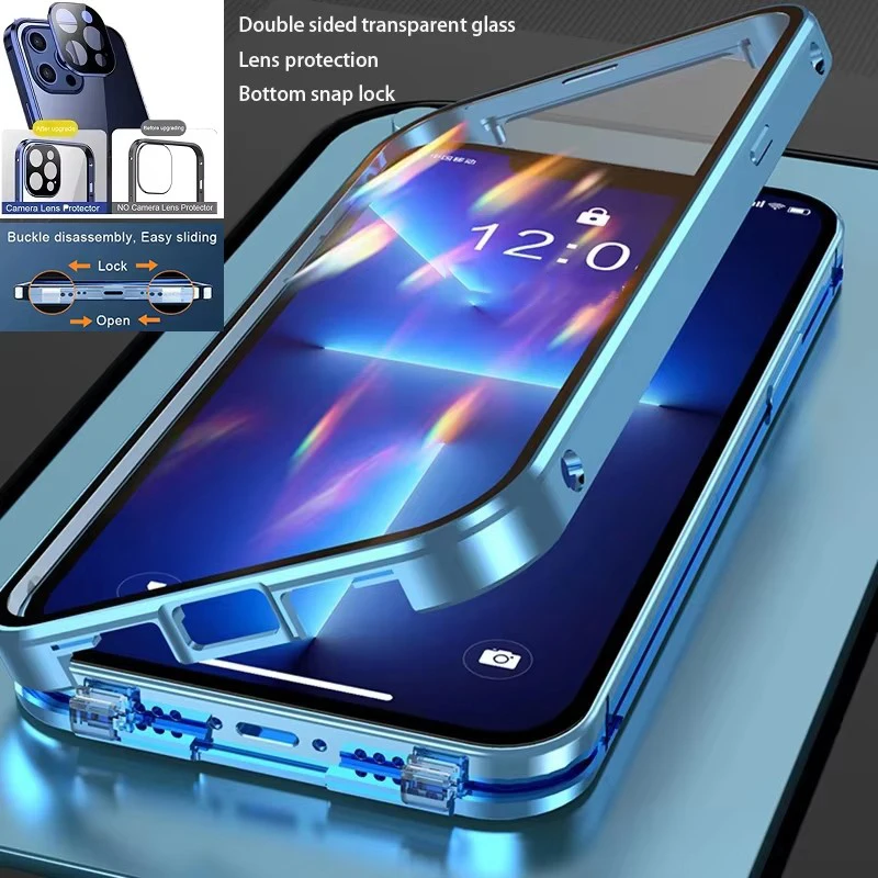 360°Full Protected Metal Magnetic Double-Sided Glass Snap Lock Phone Case For iPhone 16 Pro Max 14 13 12 15 Pro Max Bumper Cover