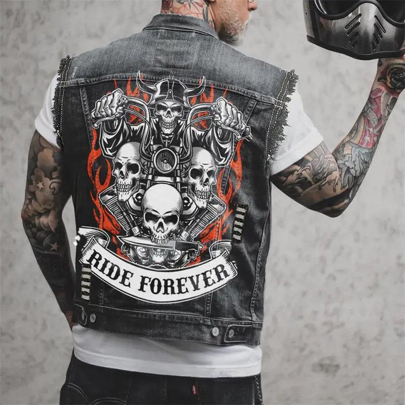 

Men's Denim Waistcoat Spring And Autumn New European And American Fashion Hip Hop Print Design Casual Loose Plus Size Vest