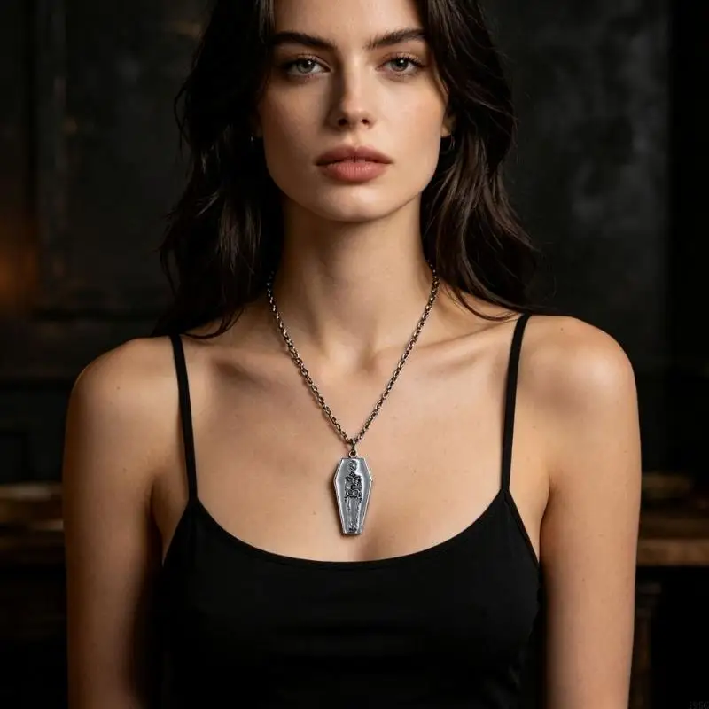 195C Gothic Coffin Pendant Necklace in Dark Silver Alloy, Skeleton Charm Link Chain Jewelry for Alternative Styling, Stage Looks