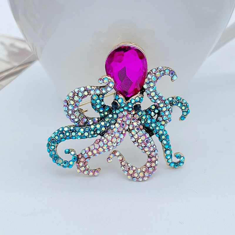 EASYA Cartoon Animal Octopus Squid Crystal Metal Brooch Luxury Charm Jewelry Vintage Prom Party Dress Decoration