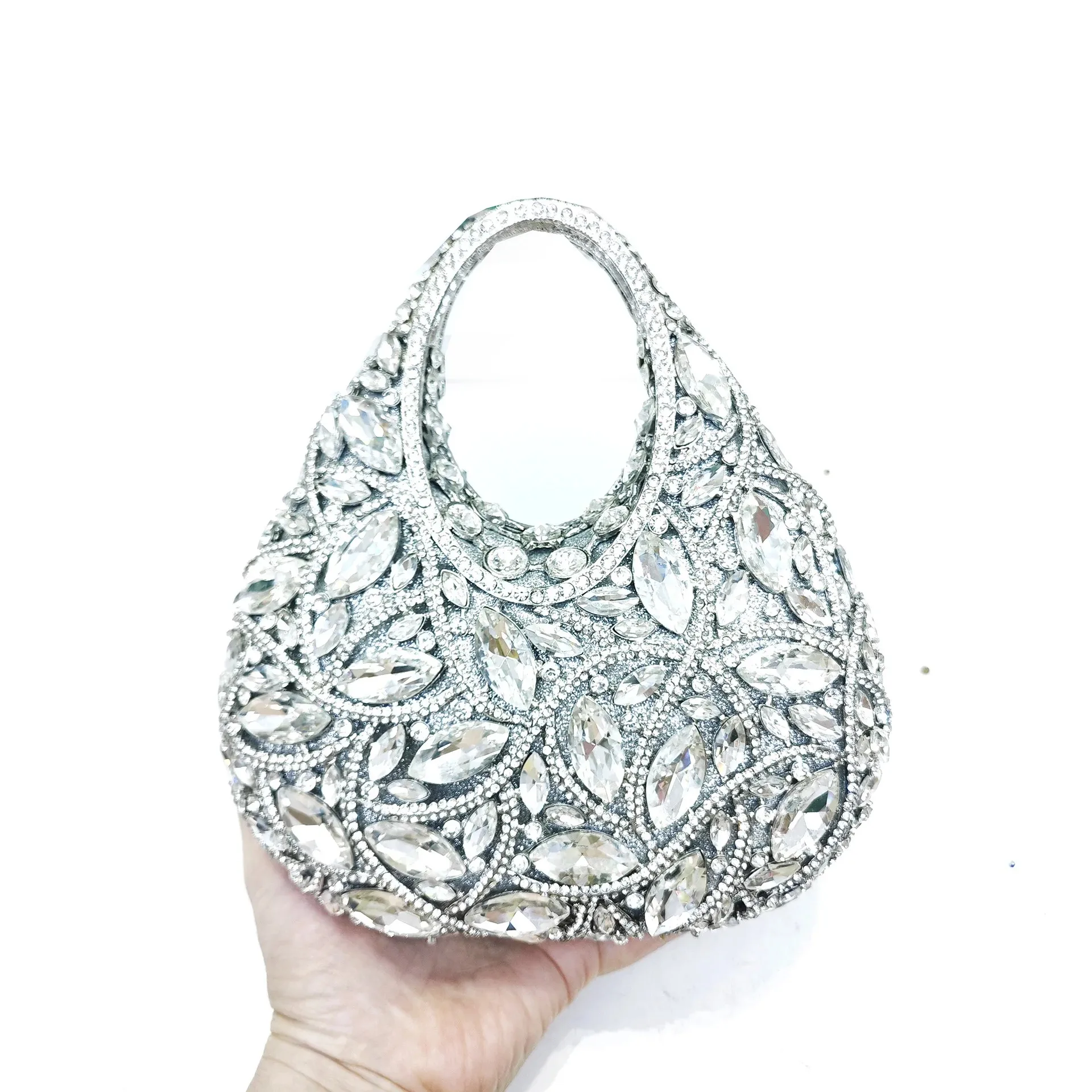 

Women's Big Stone Silver Crystal Evening Clutch Bag Metallic Box Minaudiere Diamond Handbag For Wedding Party Rhinestone Clutch