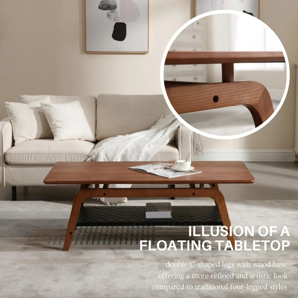 Mesa de centro de madeira maciça para sala de estar, mesa de centro retangular moderna de meados do século de 47 polegadas com armazenamento de 2 camadas e imitação