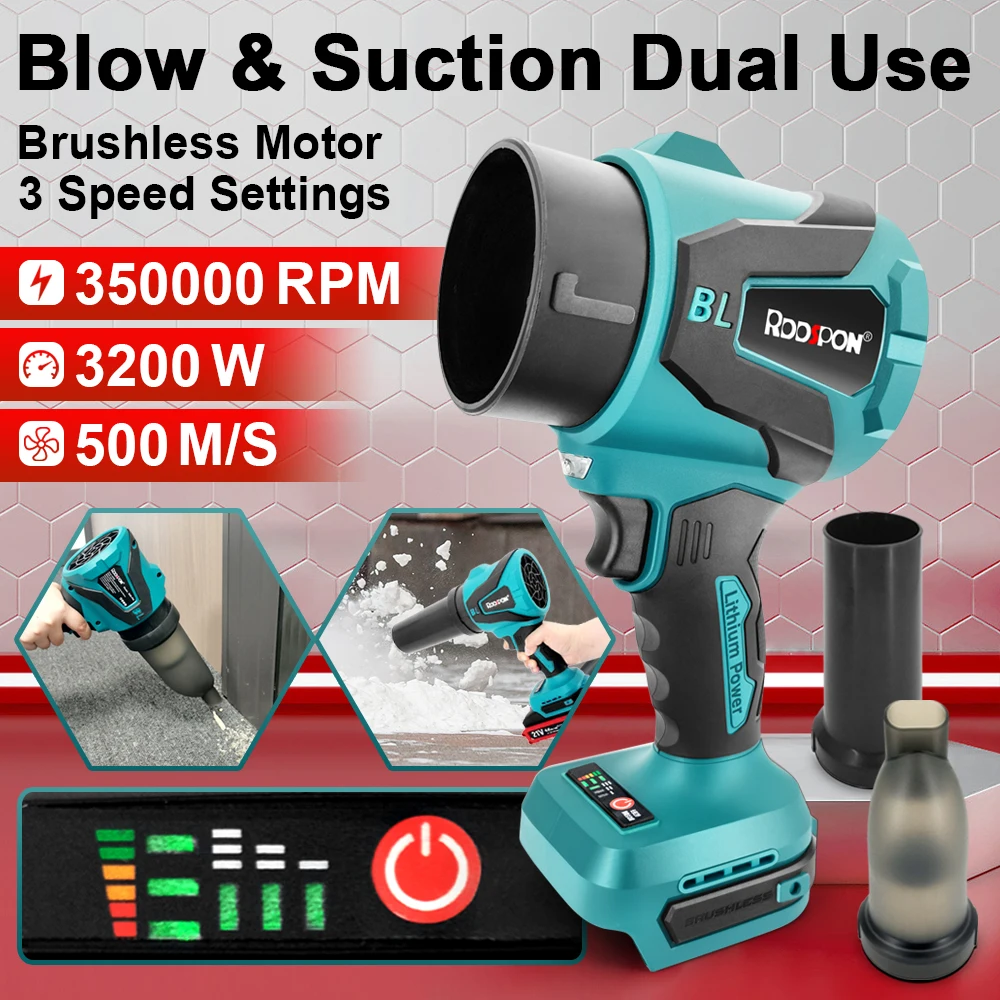 

3200W Brushless Electric Turbo Blower Jet Fan 300000RPM Handheld Leaf Blower Dust Blowing for Makita 21V Battery Pin(No Battery)