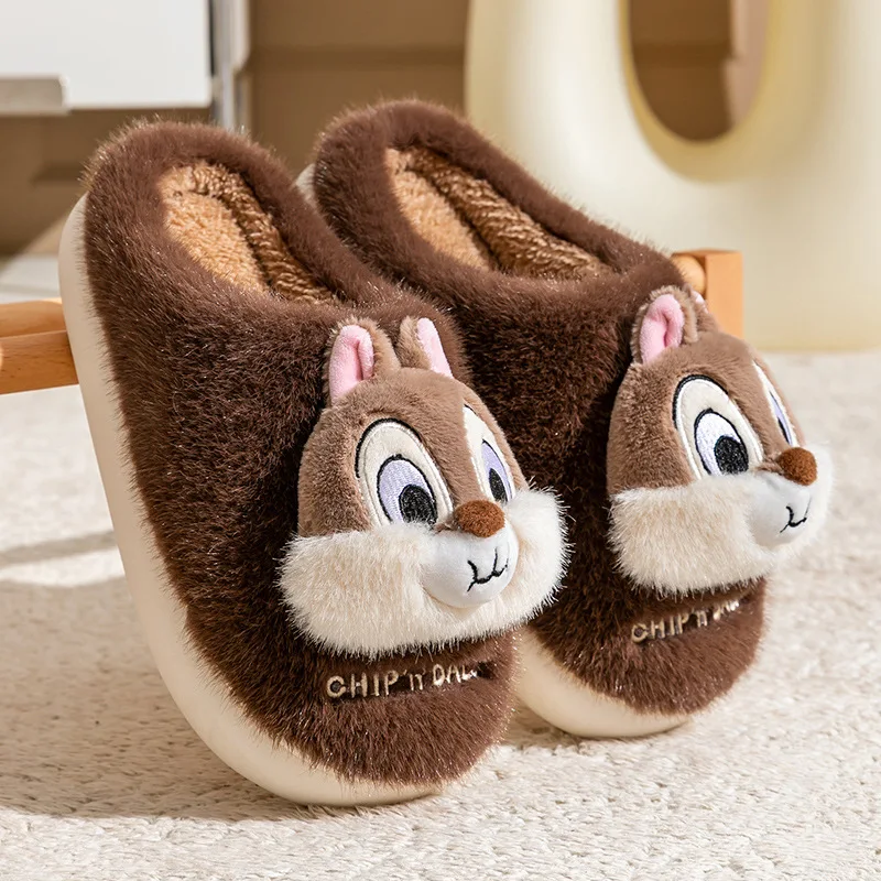 Disney Anime Chip Dale Plush Slippers Cartoon Cute Girl Winter Warm Non Slip Cotton Slippers Indoor Home Couple Shoes