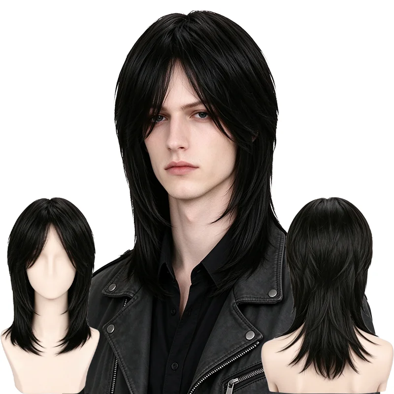 Men's Vintage Mullet Wolf Cut Wig Black Middle Part Layered Hair Heat Resistant Synthetic Wig for Women Cosplay Party Daily Wear