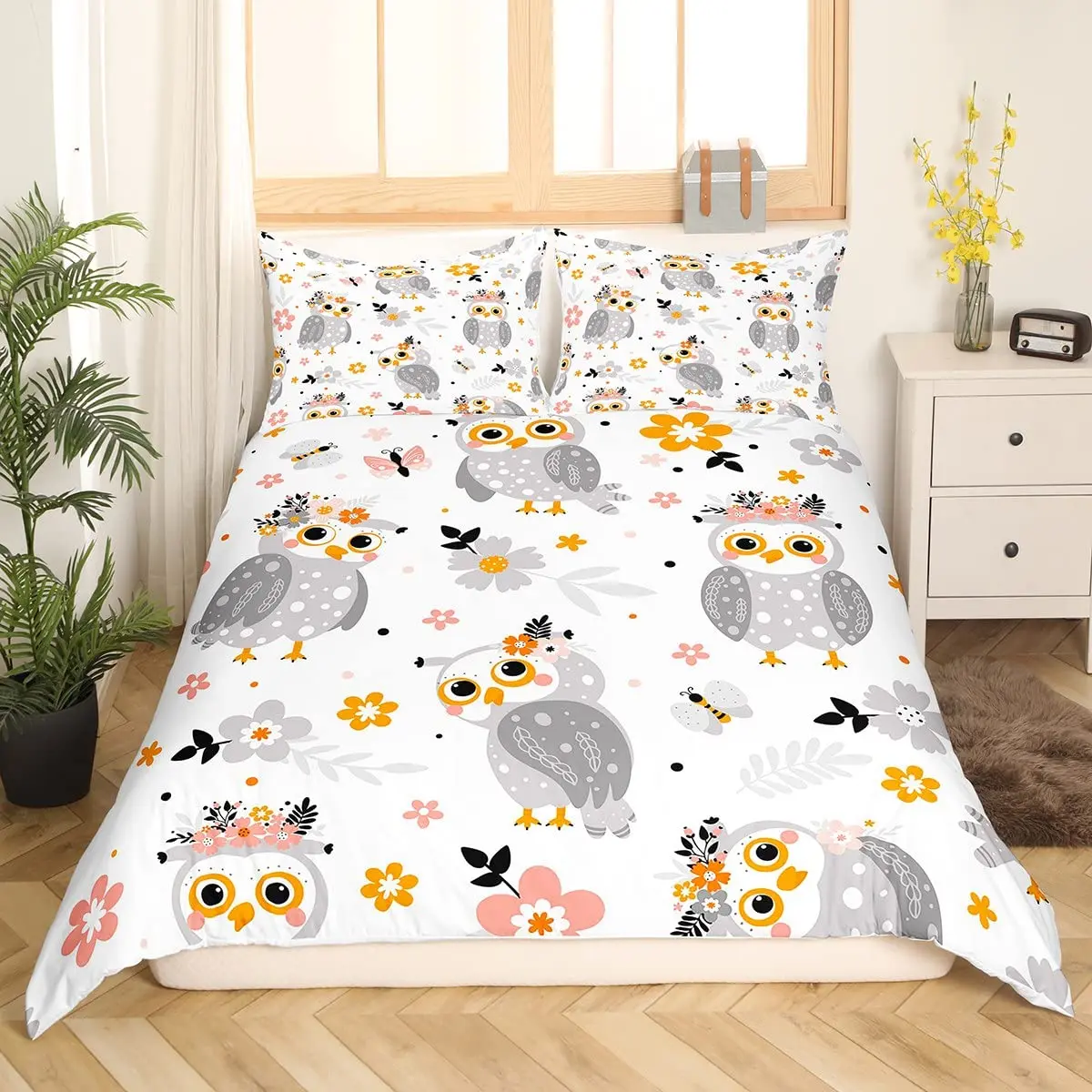 Cartoon Owl King Queen Duvet Cover Gray Cute Animal Bedding Set Pink Orange Grey Flowers Comforter Cover Polyester Quilt Cover