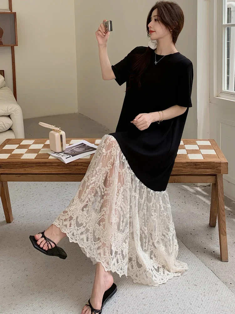 فستان نسائي مقاس كبير مرقع لصيف 2025 فساتين طويلة فضفاضة رداء Elbise بأكمام قصيرة على الطراز الكوري بحاشية منقوشة بالزهور #2