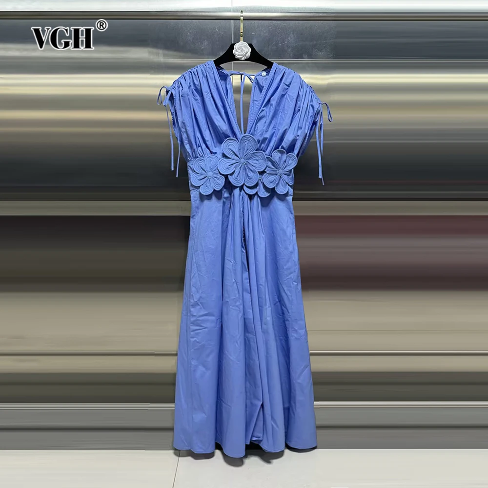 VGH Patchwork Appliques Elegant Solid Dress For Women V Neck Short Sleeve Backless High Waist Temperament Dresses Female Style