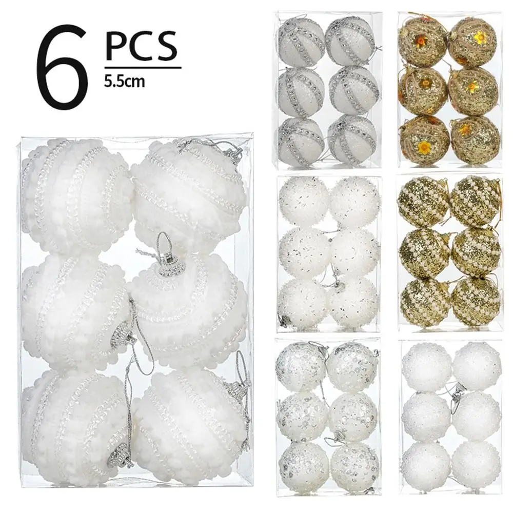 6pcs White Gold Foam Christmas Balls Pendant Shatterproof Handmade Christmas Hanging Balls Elegant Reusable