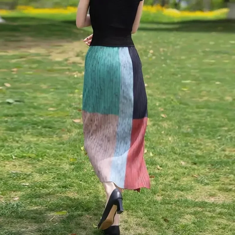 New Summer Miyake Thin Skirt Women Fashion Patchwork Split Elegant Elastic Waist Pleated Midi Skirts Contrast Color Jupe