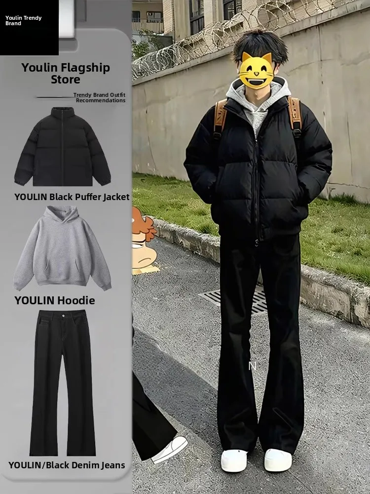 

Black Short Thickened Cotton Jacket for Men Winter Cool Stylish Outfit Set Cleanfit Stand Collar Outerwear Youth Casual Fashion