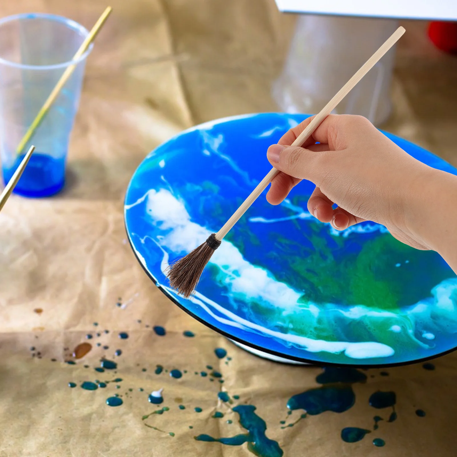 

4pcs Wet Marbling Tool: Horsehair Bristle Brush Wooden Handle For Watercolor Fabric Painting Turkish Art Supplies Craft Brush