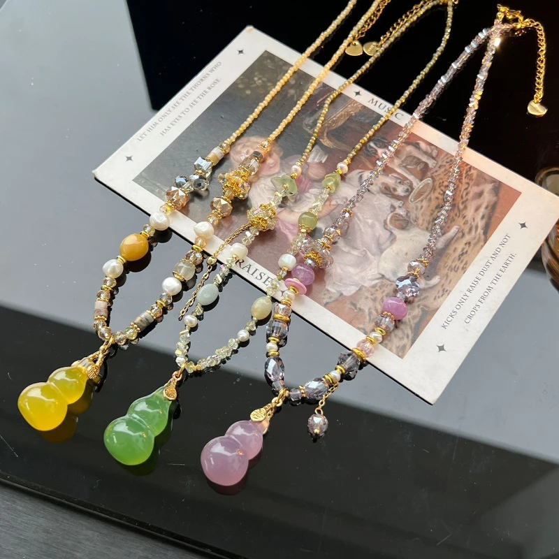 

Natural Stone Beaded Necklace New Chinese Style Handmade Green Yellow Pink Gourd Lucky Charm Pearl Chain For Cheongsam Hanfu