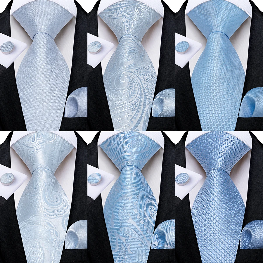 Light Blue Men's Tie Set Handkerchief Cufflinks Solid Paisley Floral Wedding Party Formal Groom Suits Accessories Gift Husband