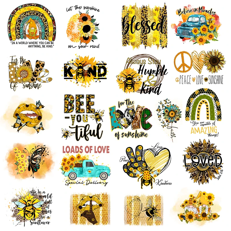 Cute Bee Stickers Transfers Fashion Sunflower Bus Washable Diy Heat Transfer T-Shirt Jeans Decor Iron On Patches Appliques