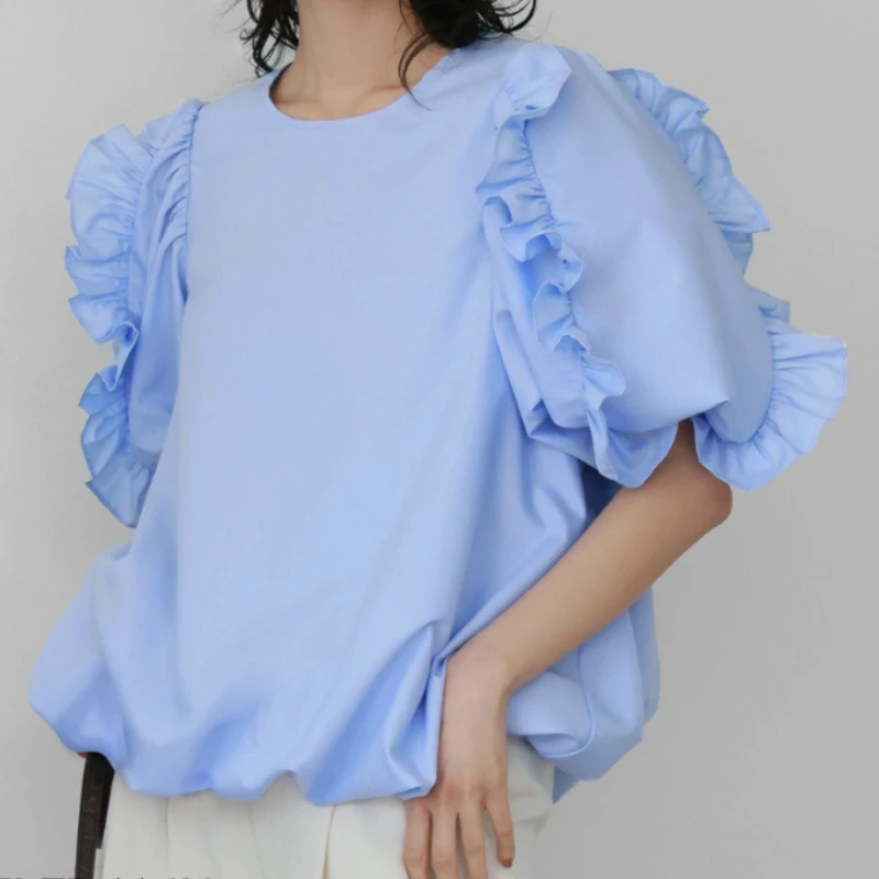 Japan Style Chic Sweet Ruffles Pacthwork Short Sleeve Top O-neck Solid Loose Blouse Shirts 2024 Spring Summer Fresh Blusa Mujer