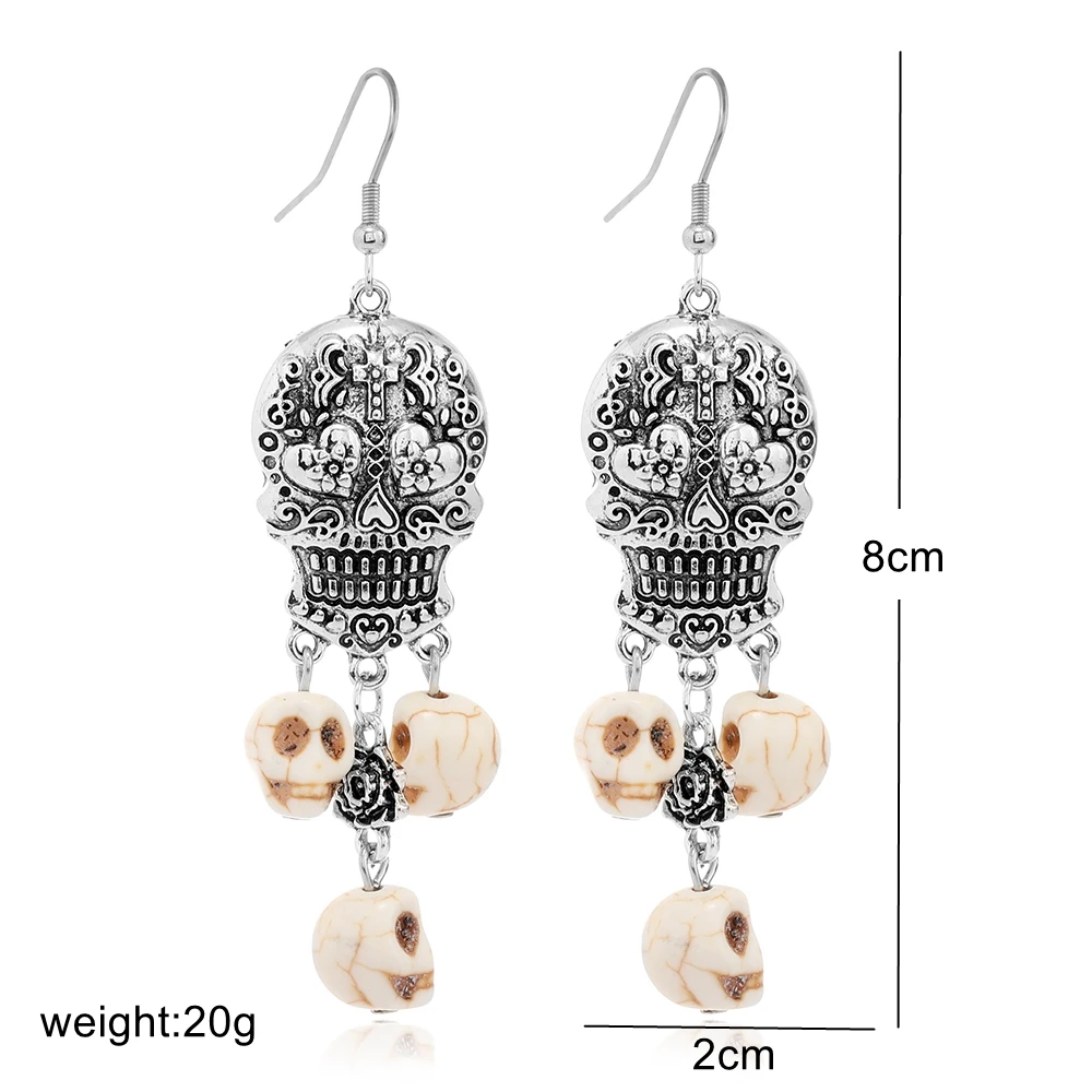 Ethnic Vintage Antique Silver Color Alloy Carving Heart Flower Skull Tassel Dangle Earrings Women\'s Halloween Party Accessories