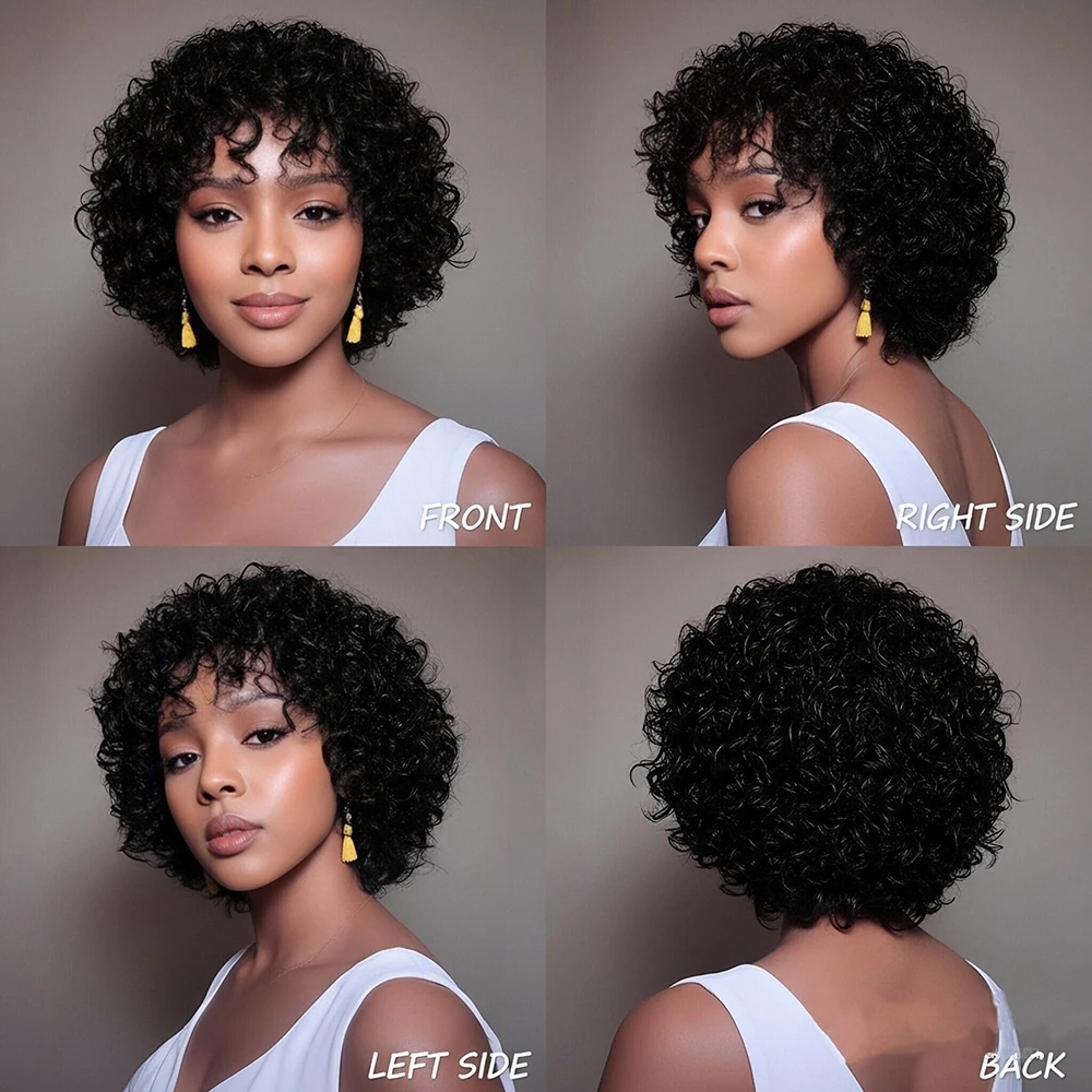 Wig Pixie Cut Keriting Pendek dari Rambut Manusia dengan Poni Pre Plucked untuk Wanita, Wig Buatan Mesin Bebas Kusut untuk Cosplay Sehari-hari