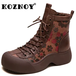 Koznoy 4.5cm buty do połowy łydki pluszowy nadruk etniczny prawdziwej skóry mieszkania świńska moda damska gruby obcas jesienne zimowe buty ZIP