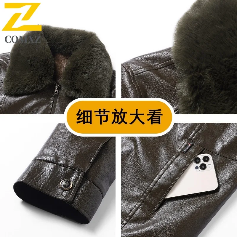 COMXZ 2025 Mens Winter Leather Jacket Fleece Lined Thick Warm Windproof Waterproof Fur Collar Business Coat for Middle Aged Men
