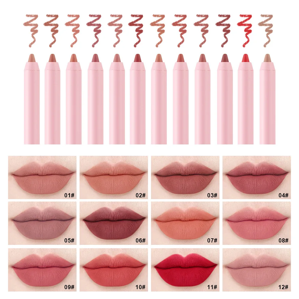 ปากกาดินสอเขียนขอบปาก12สีนู้ดกันน้ำติดทนนานลิปกลอสพลัมสีชมพู riasan Korea คราบริมฝีปาก