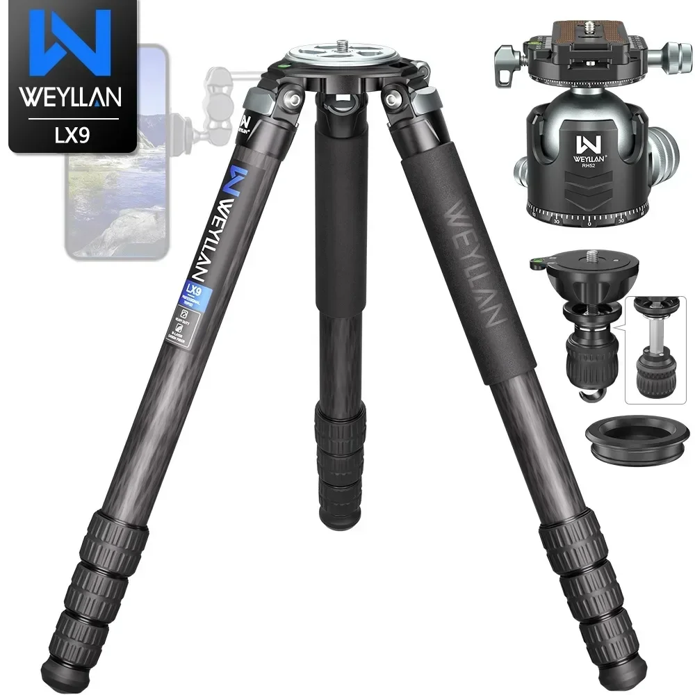 WEYLLAN LX9 Professional Heavy Carbon Fiber Camera Tripod Ultra Stable Birdwatching Camera Stand 40mm Tube 40kgLoad 75mm Adapter