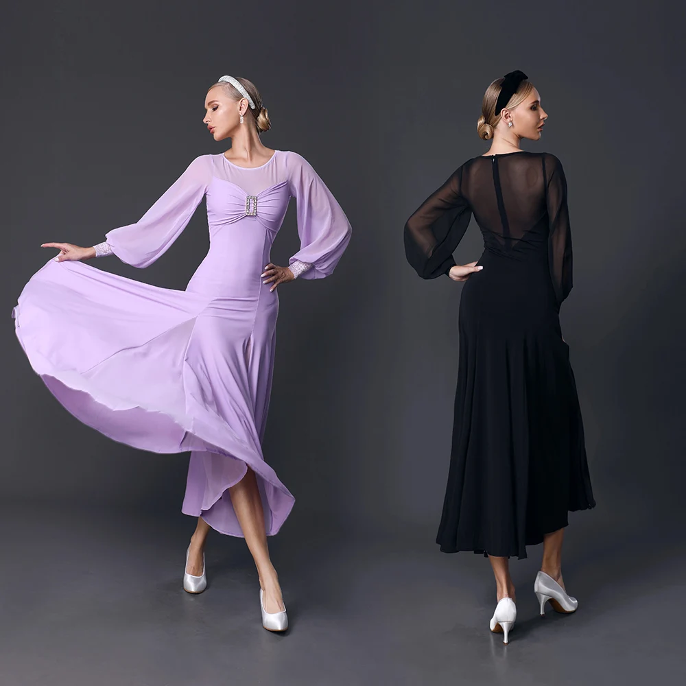 Personalizado 2025 novo vestido de dança de salão feminino competição trajes de dança moderna manga longa padrão valsa vestidos palco wear