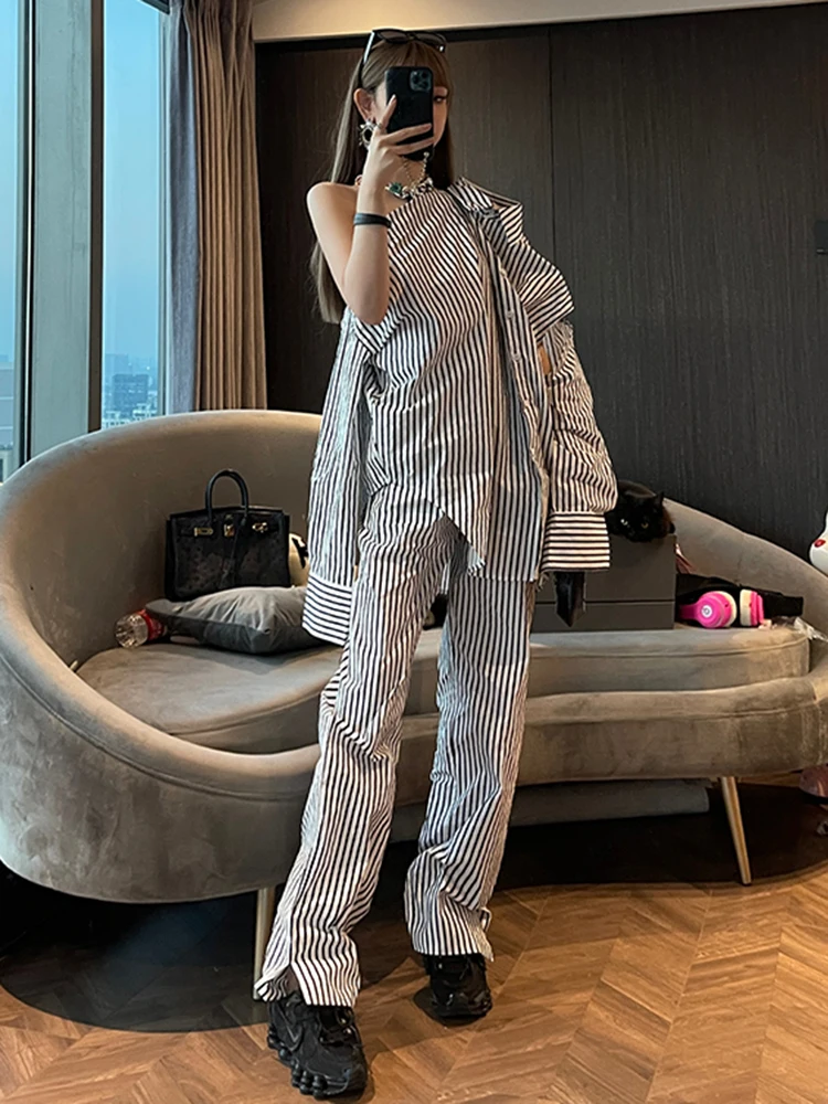 TWOTWINSTYLE Striped Two Piece Sets For Women Lapel Long Sleeve Off Shoulder Tops High Waist Pant Set Female Casual Clothing New