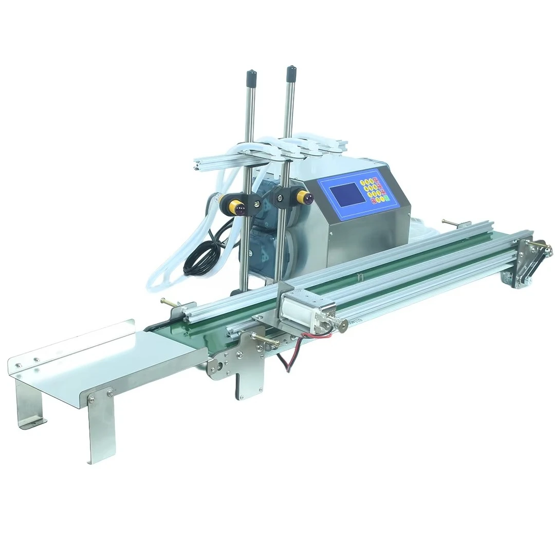 

Машина для розлива жидкостей (удобрений, парфюмерии, лаков для ногтей, сывороток, химических растворов) с 4-головочным перистальтическим насосом и конвейерной лентой