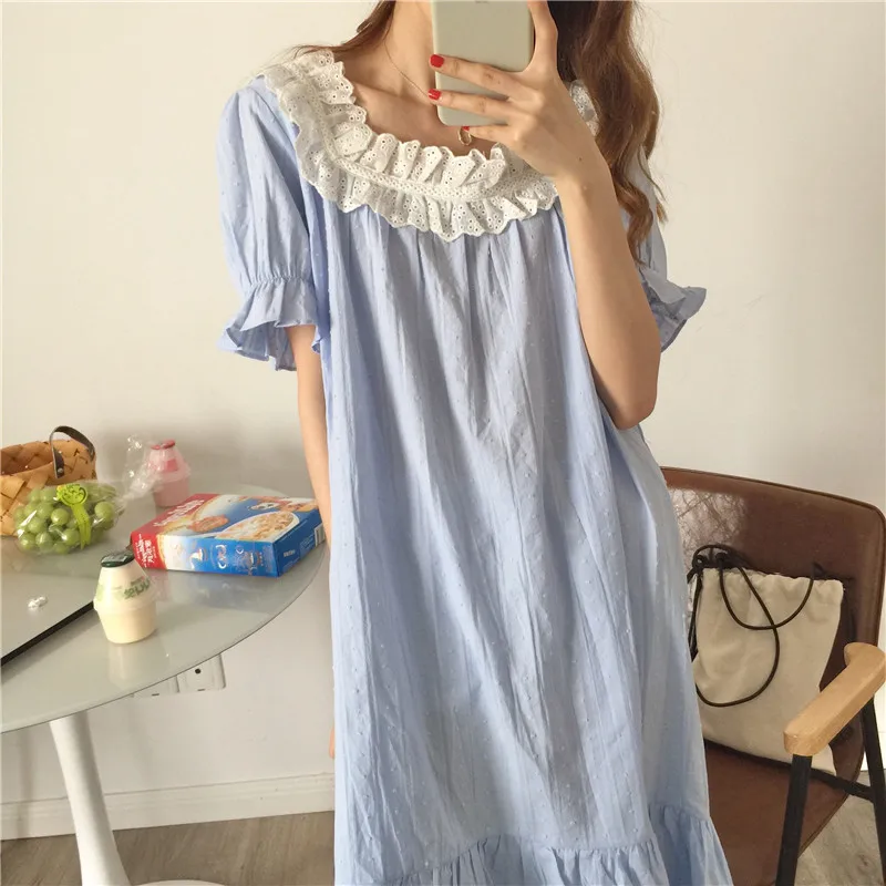 Blue Lace Square Collar Nightgown Korean Kawaii Long Sleepwear Loose Cotton Night Dress Short Sleeve Jacquard Striped Homewear