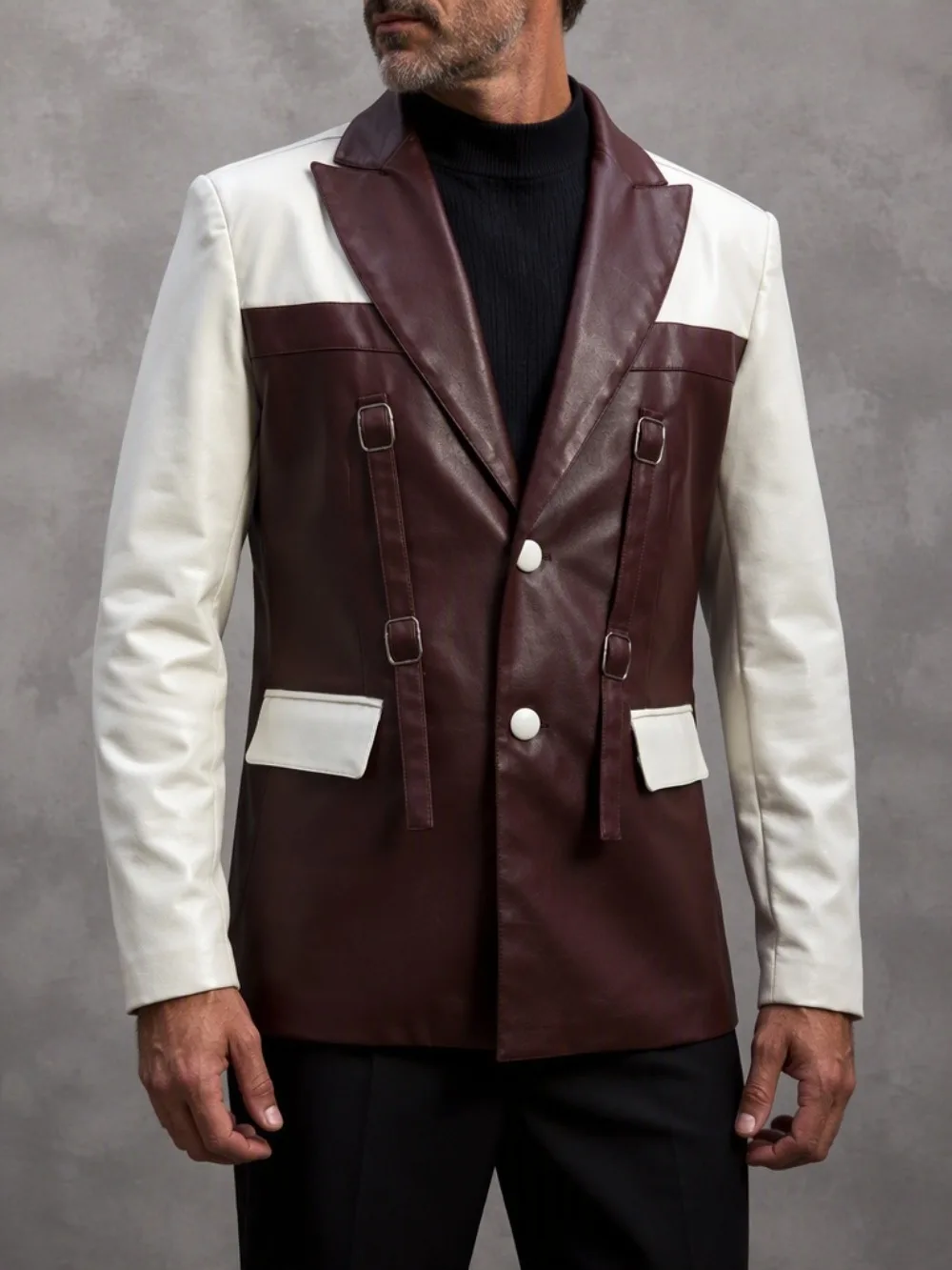 Men's High‑Quality Classic Faux Leather Blazer Color‑Block Notched Lapel Decor Spliced Suit Jacket for Street Business Office