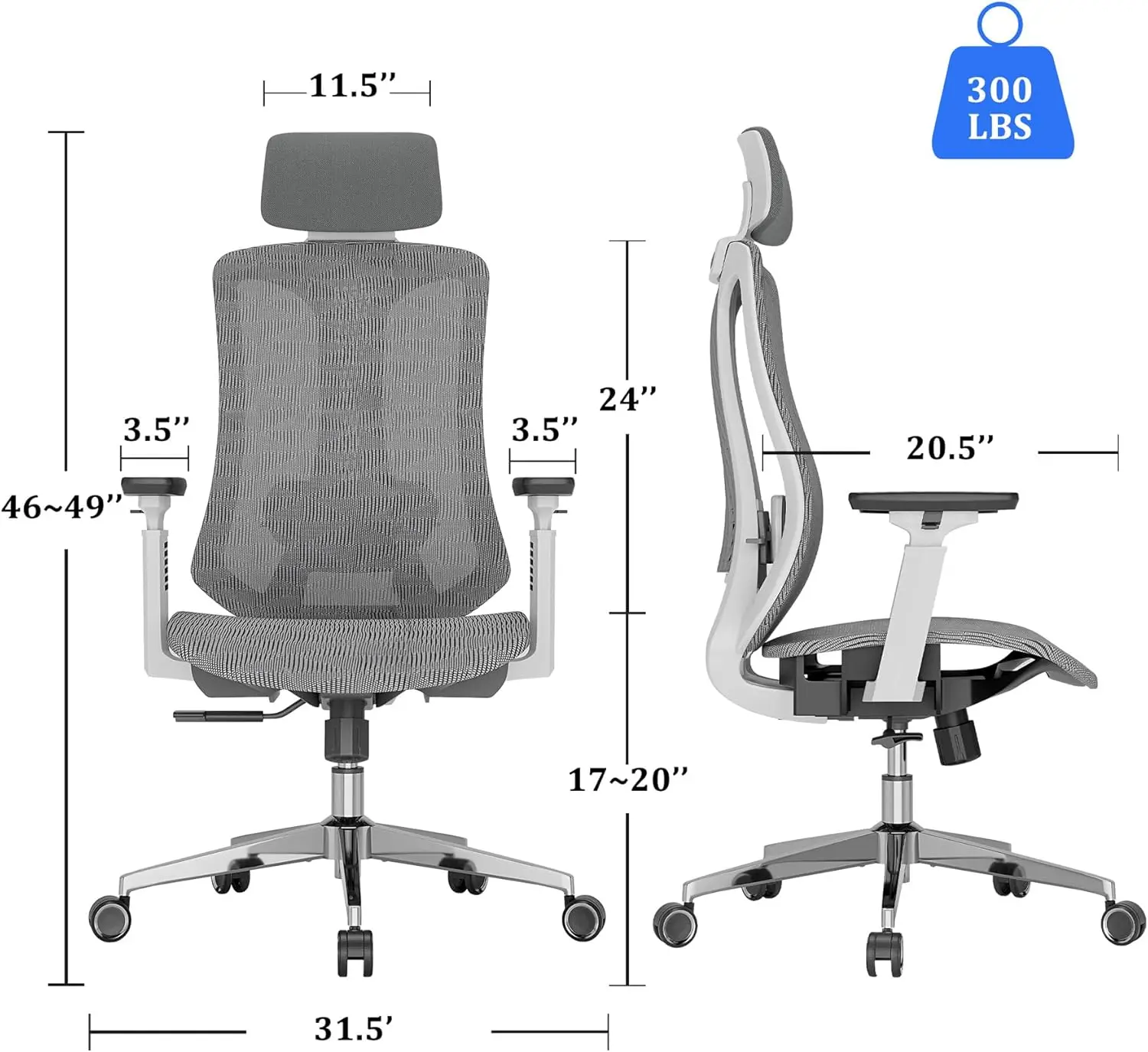 Ergonomic Mesh Office Chair, Computer Desk Chair with 3D Armrests, Adjustable Lumbar Cushion and Adjustable Headrest