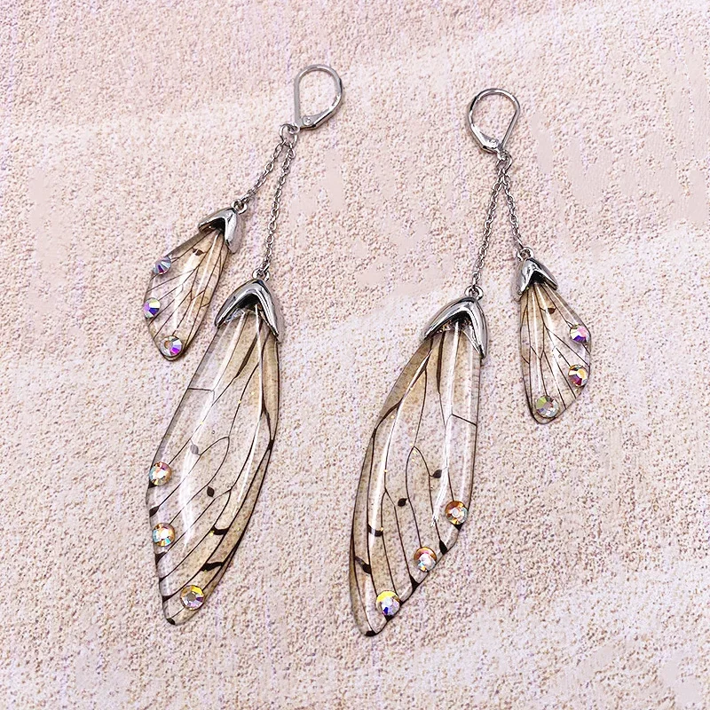 Handmade Fairy Simulation Double Wing Earrings Insect Butterfly Wing Drop Earrings Foil Crystal Earrings Sweet Wedding Jewelry