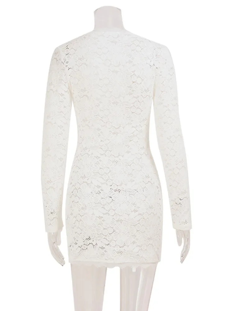 Lace V Neck Hollow Out Fashion Long Sleeve Women Dresses Sheath Sexy Club Hip Wrap Trendy Solid Female Bodycon Hot Girl