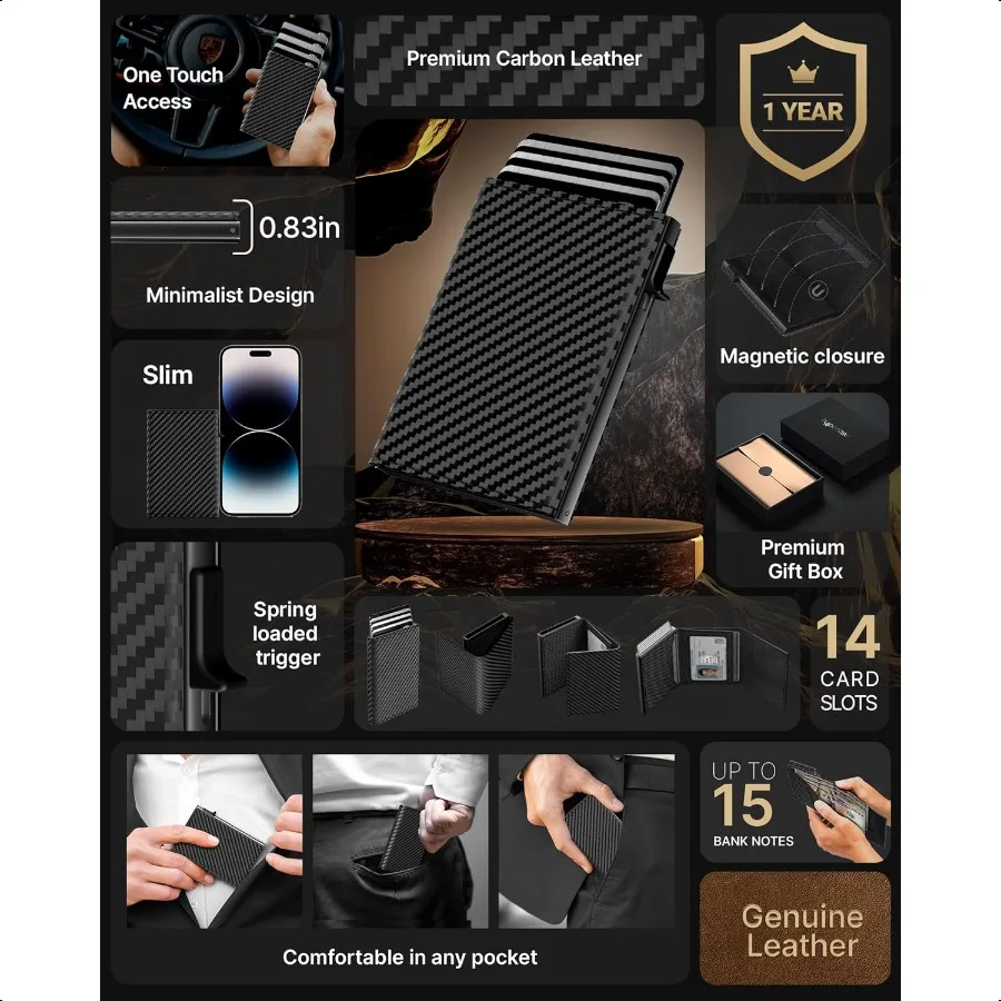 Mens Wallet Card Holder: Pop Up Aluminum Case Genuine Leather Smart RFID Blocking Slim Minimalist Front Pocket 914 Card Capacit
