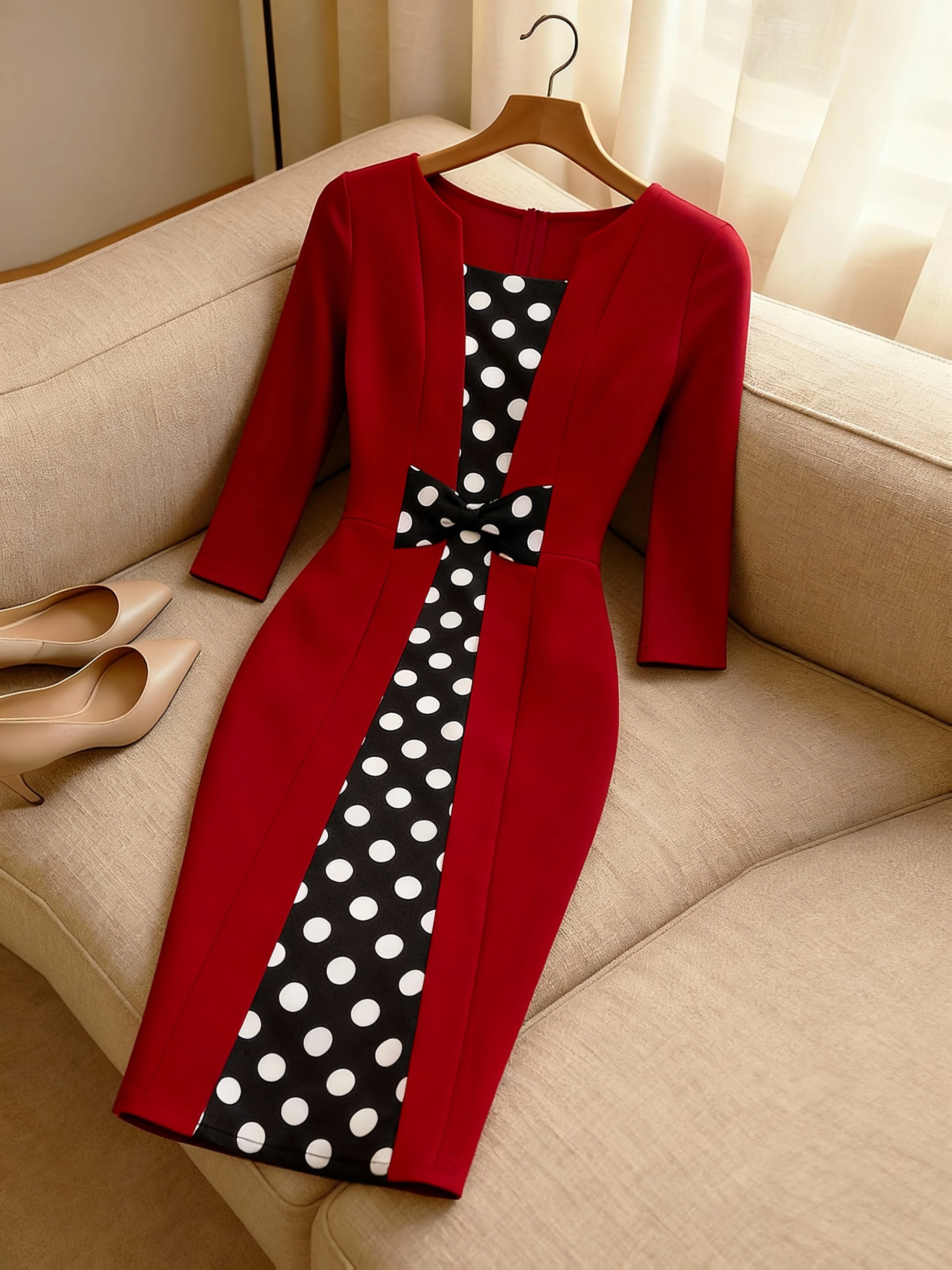 Womens Elegant Polka Dot Bow Tie 2/3 Sleeve Work Office Knee Length Colorblock Business Casual Party Bodycon Sheath Dress