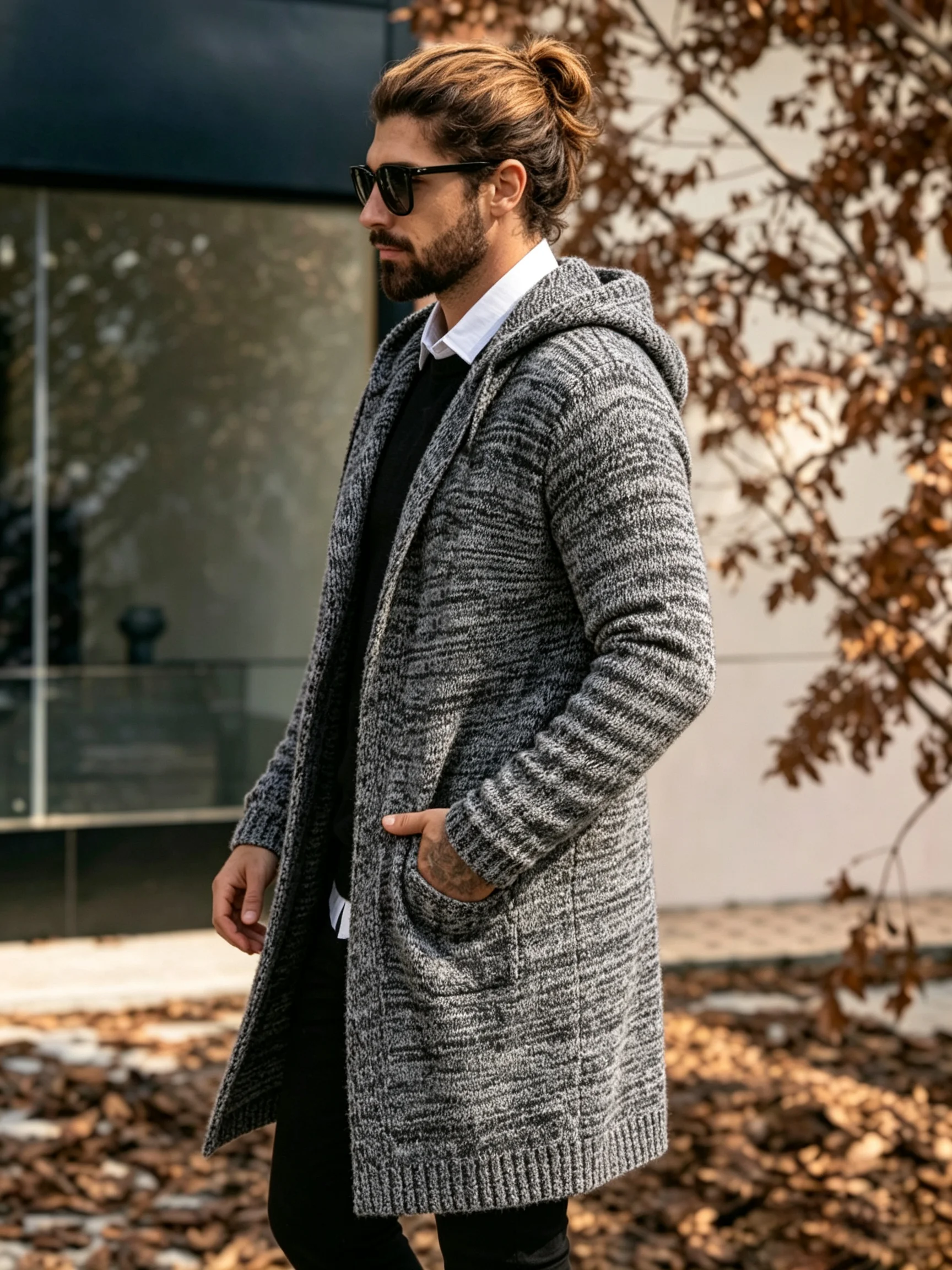 Herren Langer Kapuzen-Strickcardigan mit Offener Front, Pullover-Mantel mit Taschen, Lässiger Loser Langarm-Strickpullover für Herbst und Winter – Detail 5